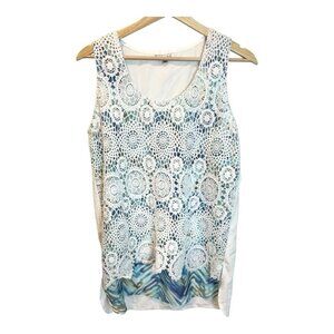Adore Crochet Layered Sleeveless Tank Top Medium Scoop Neck White Coastal